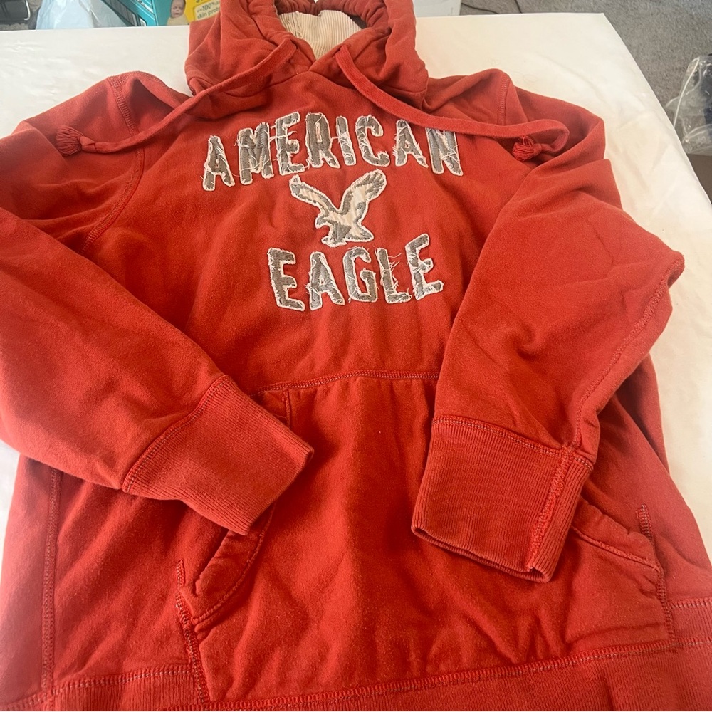 American Eagle Men’s Large Y2K Eagle Fleece Hoodie Rust Red Embroidered Logo